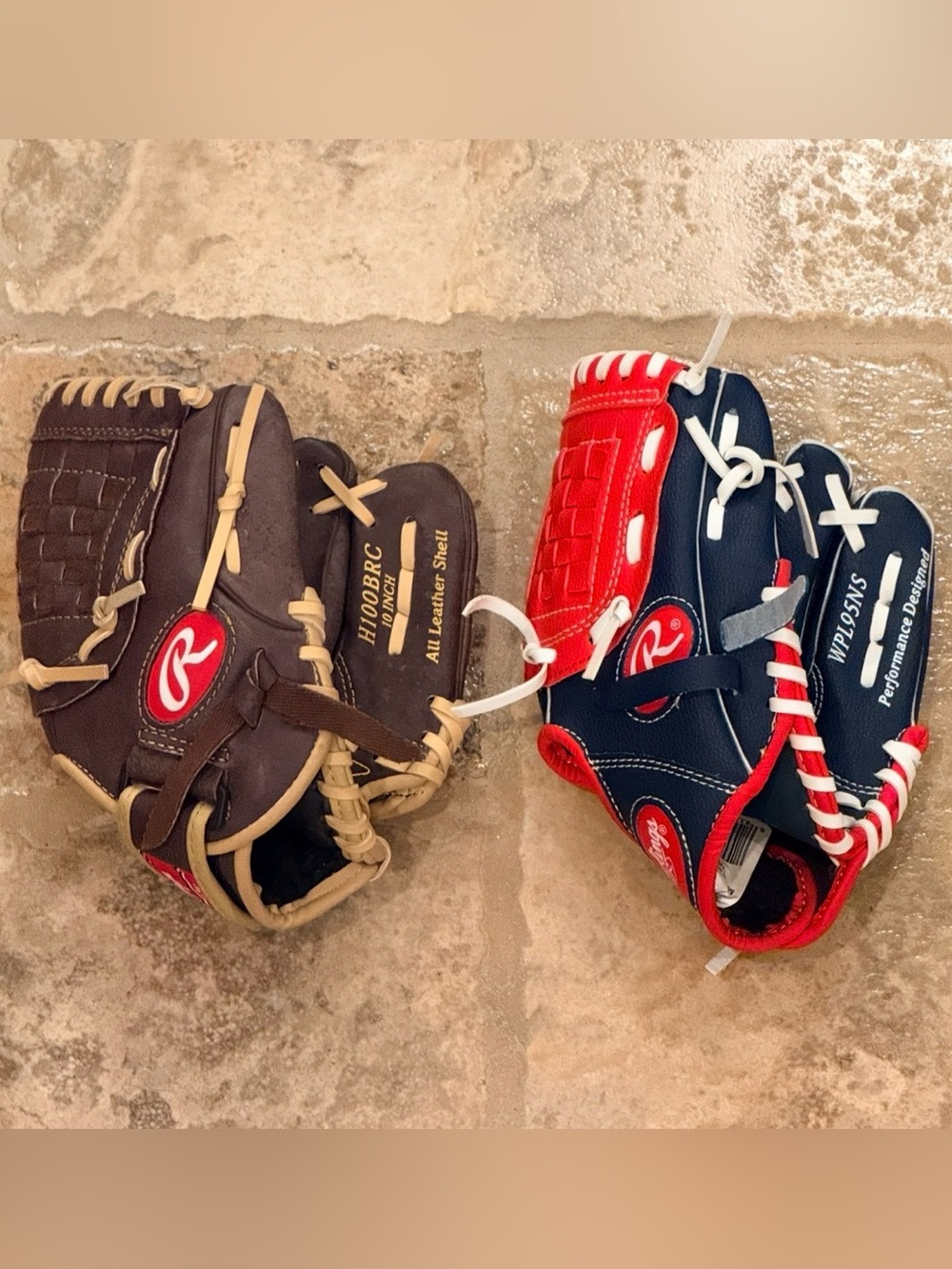 Rawlings Youth Baseball Glove bundle in Brown leather and Navy, Red, and White.